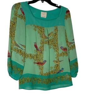 Anthropologie green sheer blouse. Long sleeves. Size 0